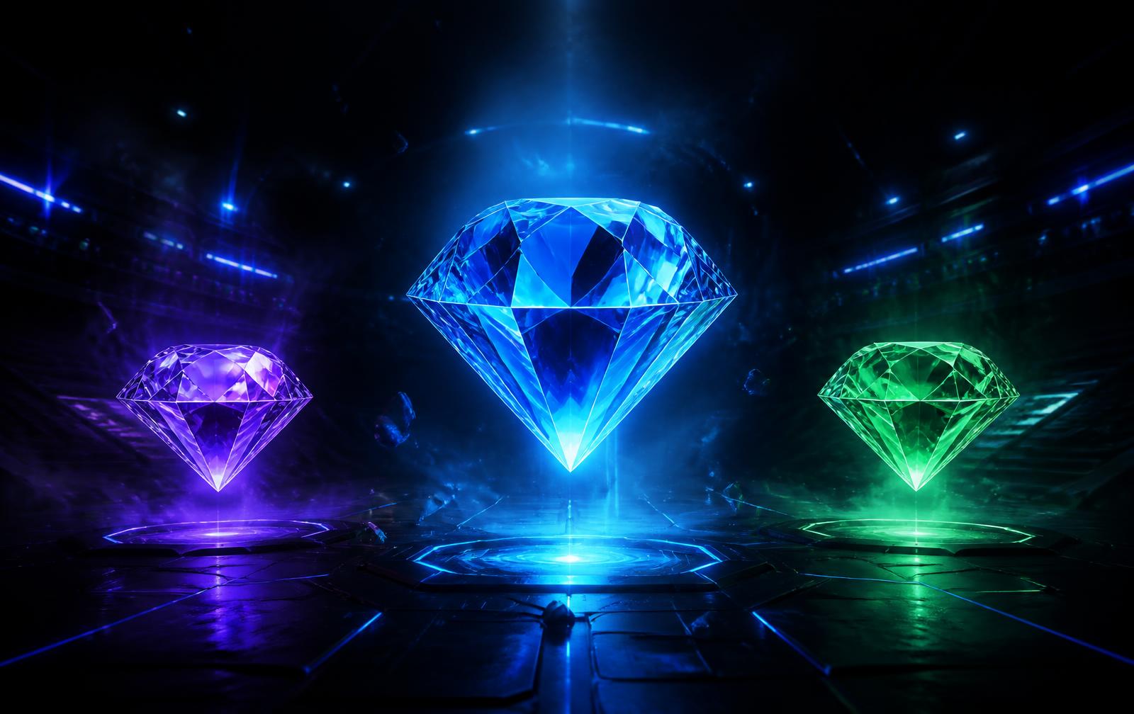 Neon blue, purple and green gaming diamonds on a futuristic arena floor
